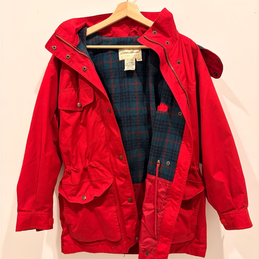 Vintage Eddie Bauer Jacket Womens Small Red Hooded Plaid Wool Lining Cinch Waist